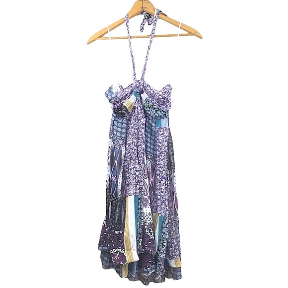 Trés Chic Bohemian Multi-Pattern Halter Midi Dress Patchwork Flounce Sundress S - Picture 13 of 16